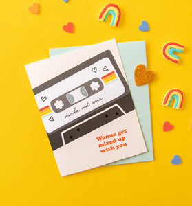 Greeting card with a cassette tape illustration on a bright yellow background.